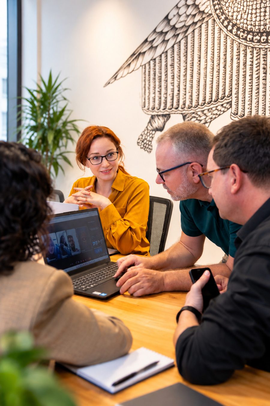 Four members of the Gateway Mercosur team around a table in a video call, one speaking while the others listen