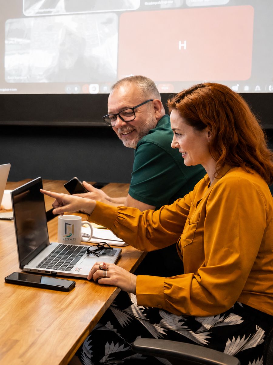 Andr&eacute; Desor and Anne Hagel working together at a laptop in the Florian&oacute;polis office