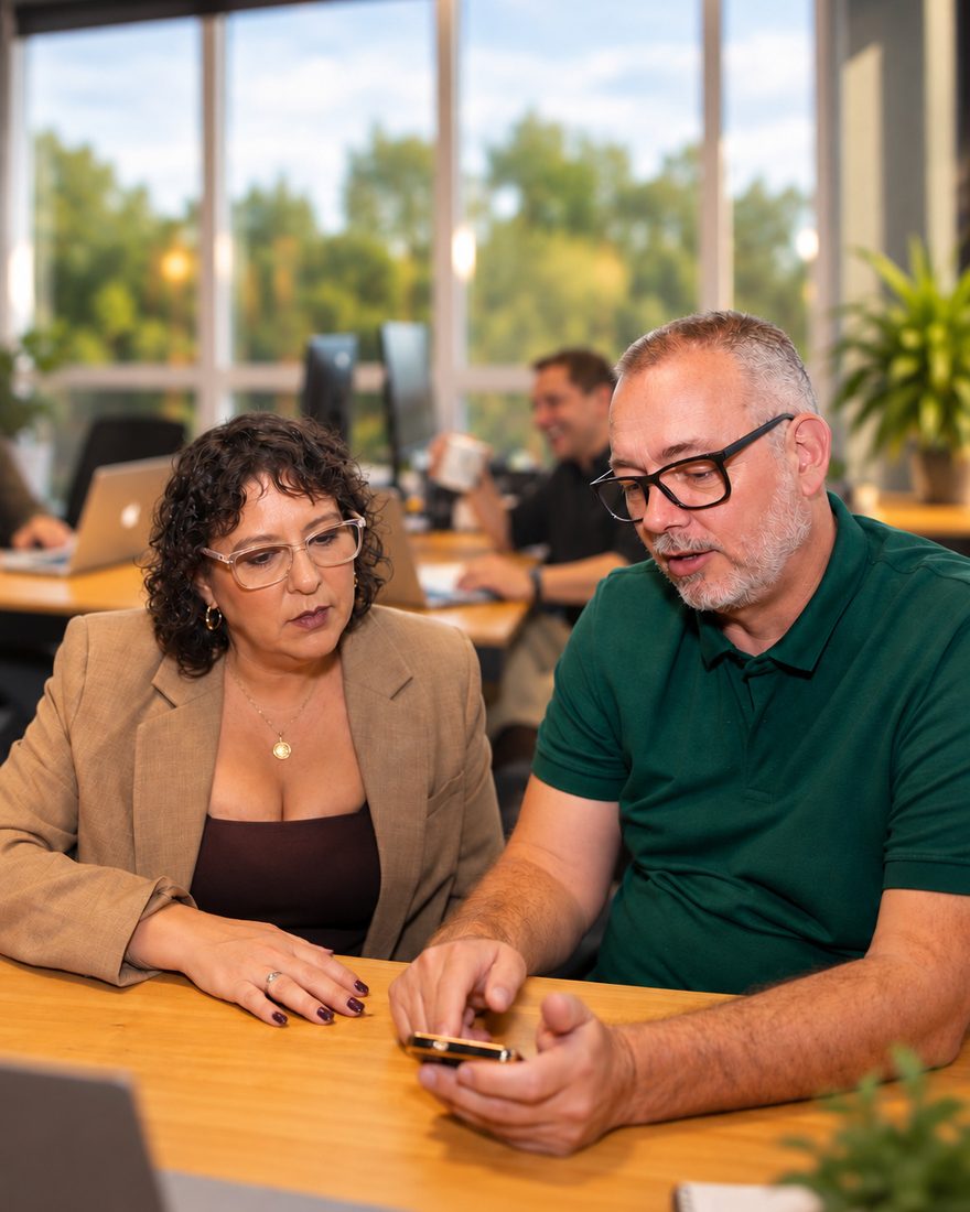 André Desor and Flavia Desor reviewing digital campaign work together