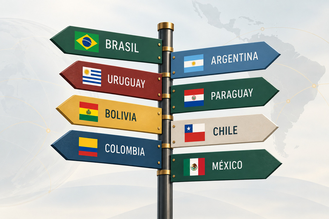 A signpost with arrows pointing to Brasil, Argentina, Uruguay, Paraguay, Bolivia, Chile, Colombia and M&eacute;xico