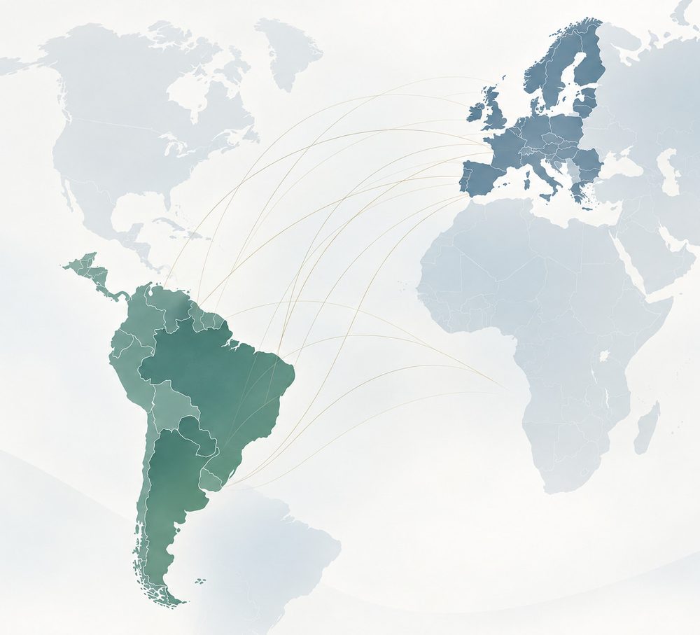 Map showing connections arcing between Europe and Latin America