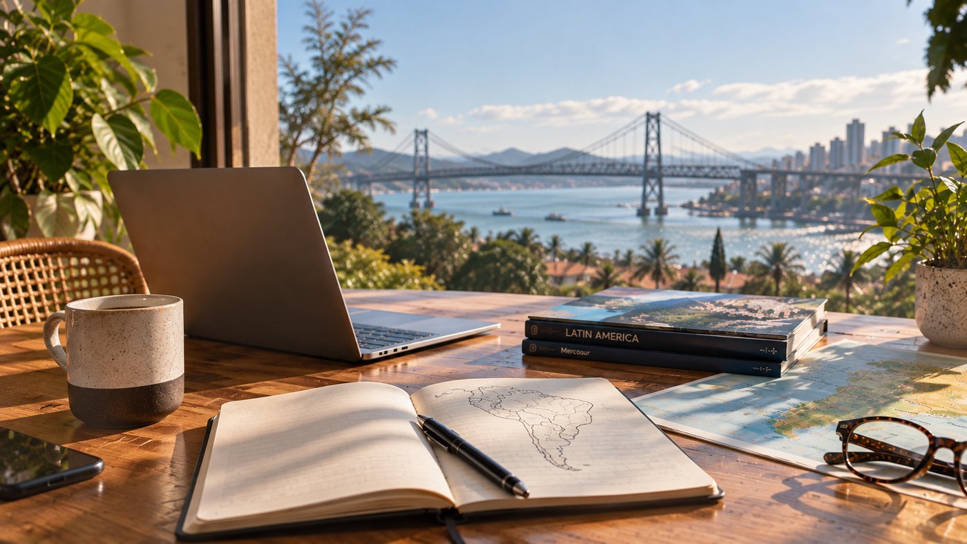 A desk with a laptop, notebook sketched with a map of South America and books on Latin America, looking out over the Hercílio Luz bridge in Florianópolis