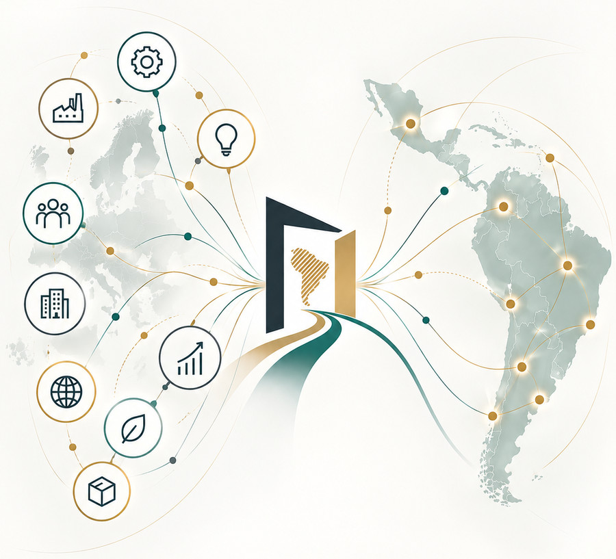 Illustration of a doorway linking Europe and Latin America, surrounded by icons for industry, people, growth and logistics
