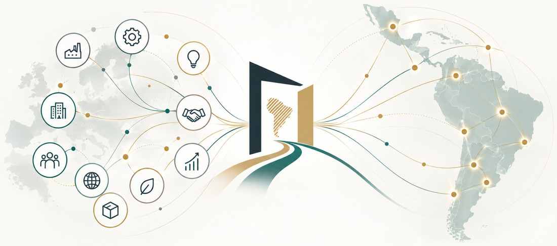 Illustration of a doorway linking Europe and Latin America, surrounded by icons for industry, people, growth and logistics